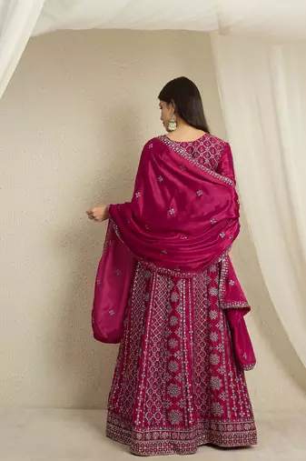 Maroon chinon stitched gown with embroidered dupatta full sleeve embroidered