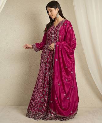Maroon chinon stitched gown with embroidered dupatta full sleeve embroidered 3