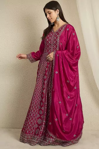 Maroon chinon stitched gown with embroidered dupatta full sleeve embroidered