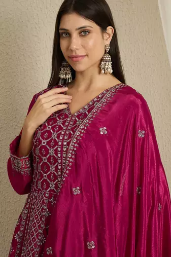 Maroon chinon stitched gown with embroidered dupatta full sleeve embroidered