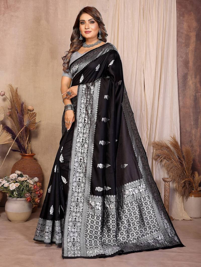 black banarasi silk jacquard saree for women