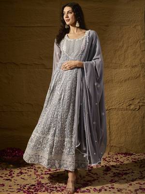 Grey faux georgette stitched gown with lace dupatta full sleeve embroidered 1