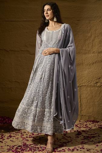 Grey faux georgette stitched gown with lace dupatta full sleeve embroidered