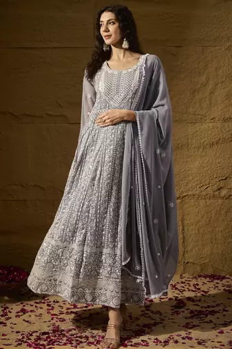 Grey faux georgette stitched gown with lace dupatta full sleeve embroidered