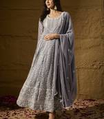 Grey faux georgette stitched gown with lace dupatta full sleeve embroidered