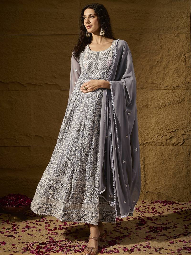Grey faux georgette stitched gown with lace dupatta full sleeve embroidered