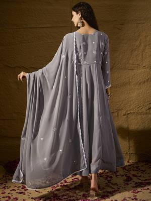 Grey faux georgette stitched gown with lace dupatta full sleeve embroidered 2