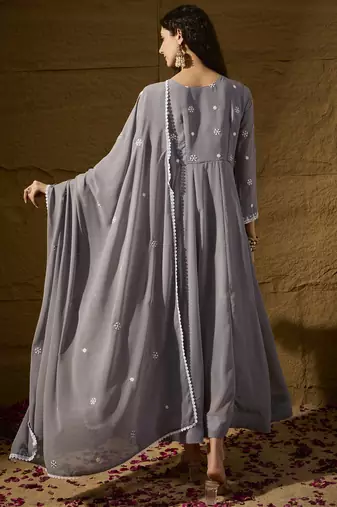 Grey faux georgette stitched gown with lace dupatta full sleeve embroidered
