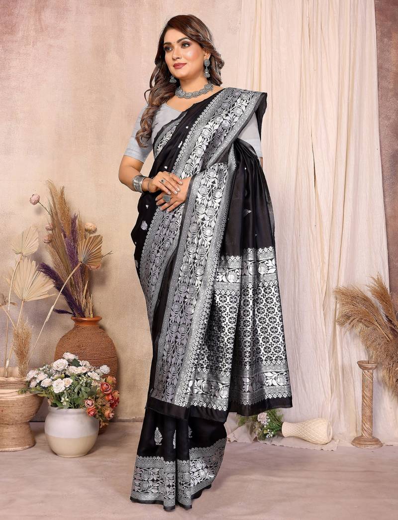 black banarasi silk jacquard saree for women