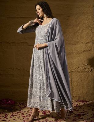 Grey faux georgette stitched gown with lace dupatta full sleeve embroidered 3