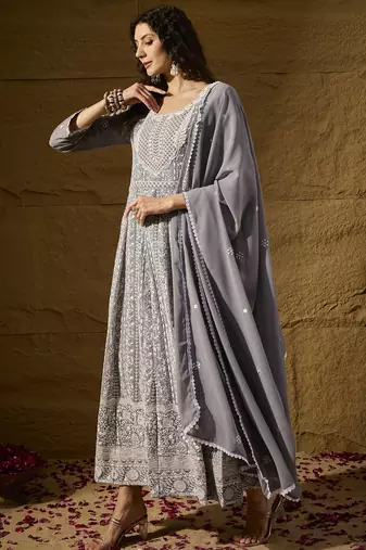Grey faux georgette stitched gown with lace dupatta full sleeve embroidered