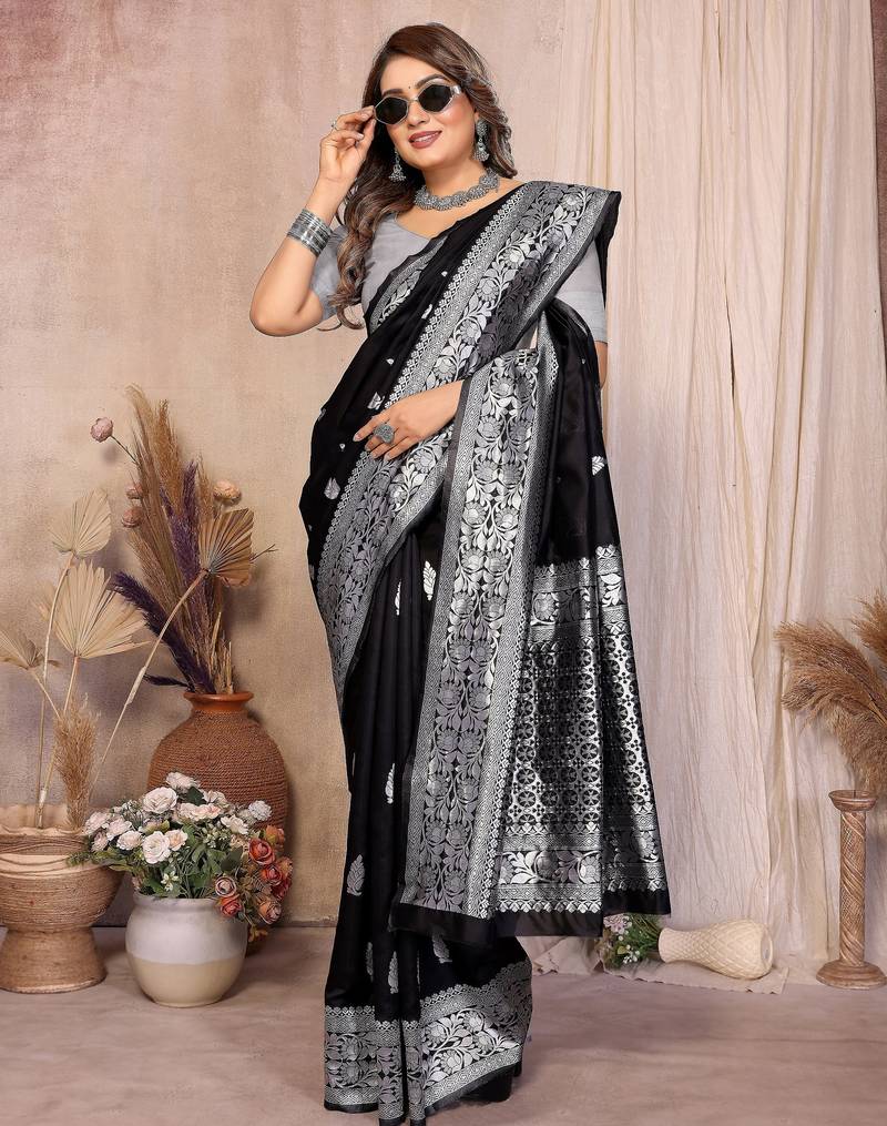 black banarasi silk jacquard saree for women