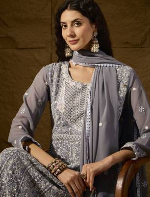 Grey faux georgette stitched gown with lace dupatta full sleeve embroidered 4