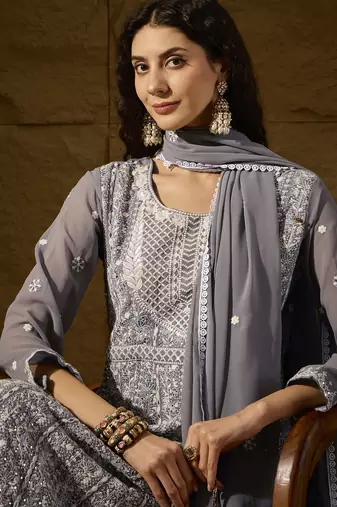 Grey faux georgette stitched gown with lace dupatta full sleeve embroidered