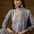 Grey faux georgette stitched gown with lace dupatta full sleeve embroidered