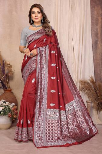 maroon banarasi silk jacquard saree for women