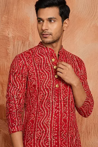 Multi shades men's red rayon kurta  full sleeve