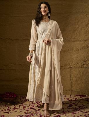 Cream faux georgette stitched gown with lace dupatta full sleeve embroidered 1