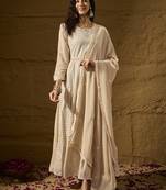 Cream faux georgette stitched gown with lace dupatta full sleeve embroidered