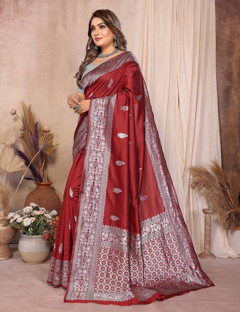 maroon banarasi silk jacquard saree for women