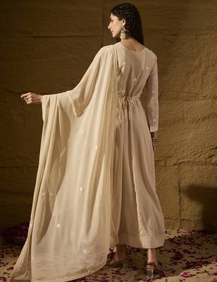 Cream faux georgette stitched gown with lace dupatta full sleeve embroidered 2