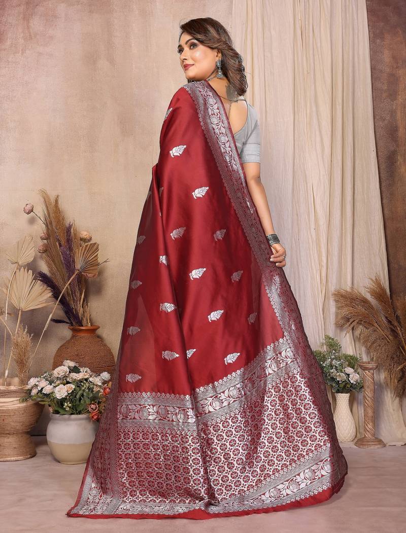 maroon banarasi silk jacquard saree for women