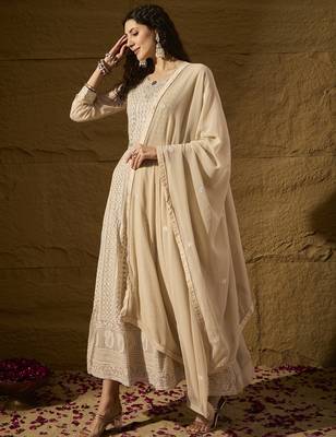 Cream faux georgette stitched gown with lace dupatta full sleeve embroidered 3