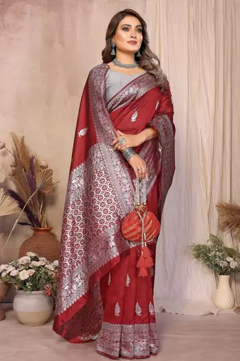 maroon banarasi silk jacquard saree for women