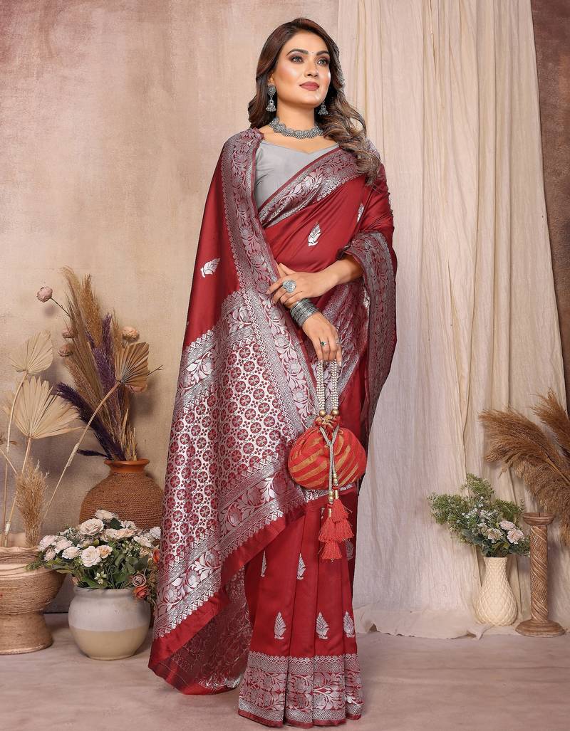 maroon banarasi silk jacquard saree for women