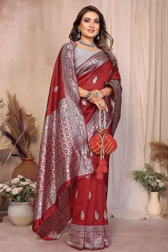 maroon banarasi silk jacquard saree for women