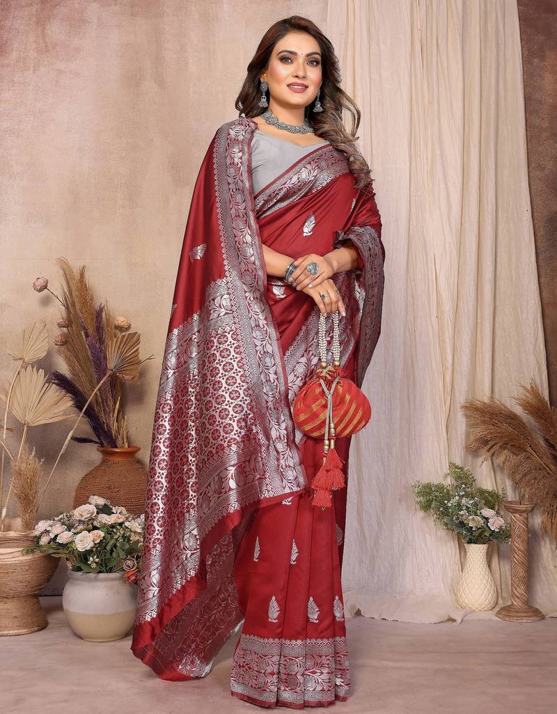 maroon banarasi silk jacquard saree for women