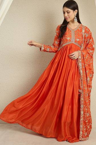 Orange chinon stitched gown with embroidered dupatta full sleeve embroidered