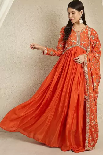 Orange chinon stitched gown with embroidered dupatta full sleeve embroidered