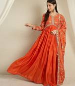 Orange chinon stitched gown with embroidered dupatta full sleeve embroidered