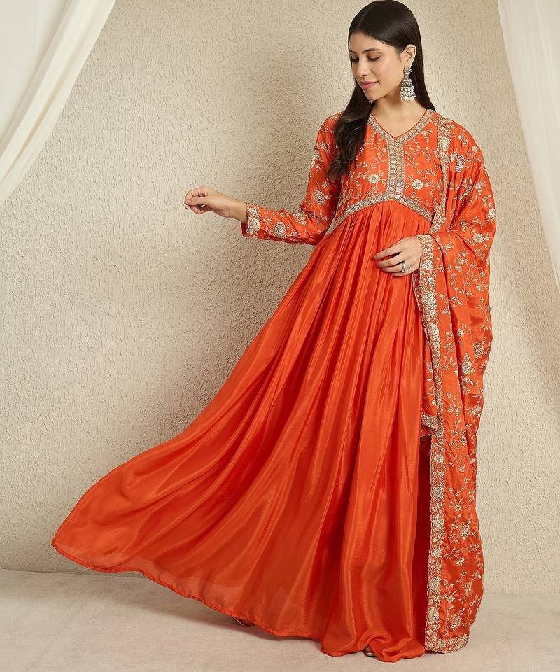 Orange chinon stitched gown with embroidered dupatta full sleeve embroidered