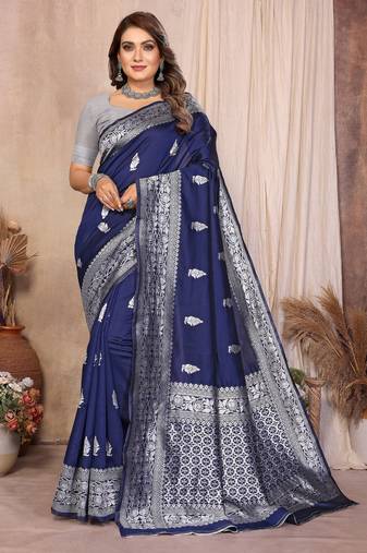 navy blue banarasi silk jacquard saree for women