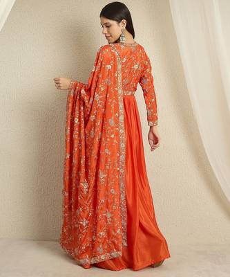 Orange chinon stitched gown with embroidered dupatta full sleeve embroidered 2
