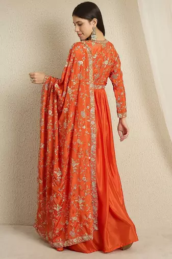 Orange chinon stitched gown with embroidered dupatta full sleeve embroidered