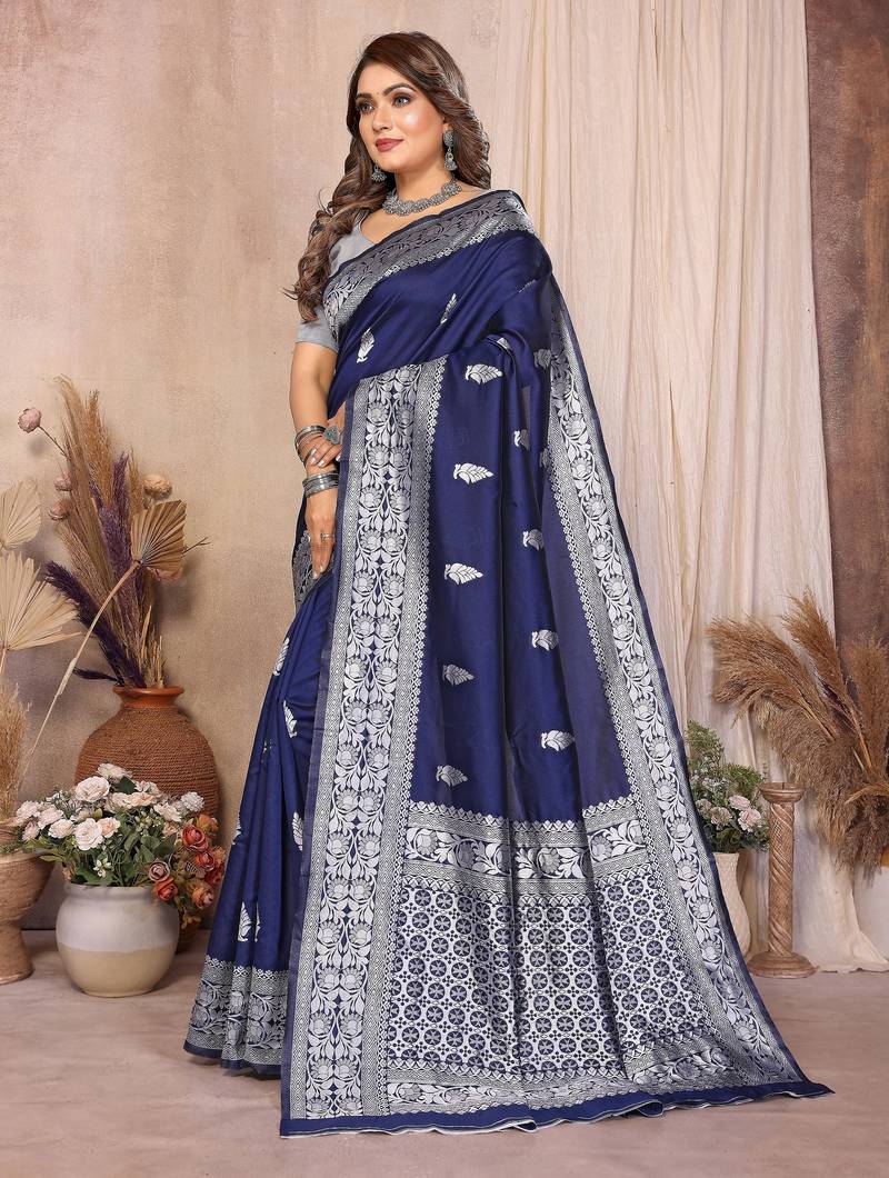navy blue banarasi silk jacquard saree for women