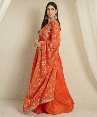Orange chinon stitched gown with embroidered dupatta full sleeve embroidered 3