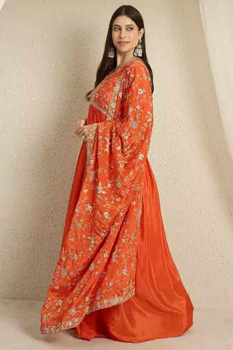 Orange chinon stitched gown with embroidered dupatta full sleeve embroidered