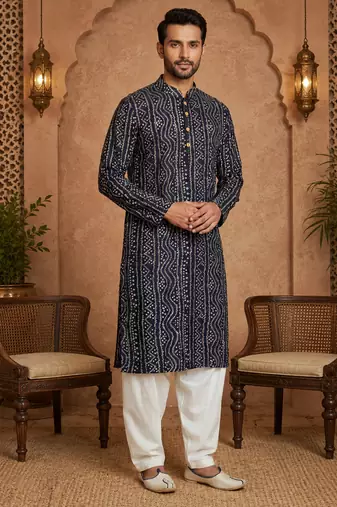 Multi shades men's navt blue rayon kurta full sleeve