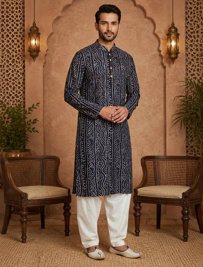 Multi shades men's navt blue rayon kurta full sleeve