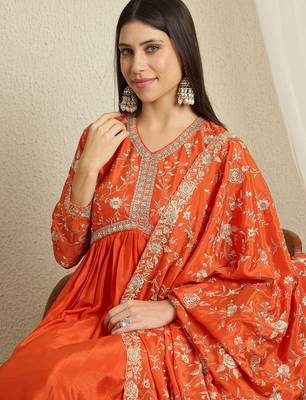 Orange chinon stitched gown with embroidered dupatta full sleeve embroidered 4