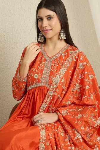 Orange chinon stitched gown with embroidered dupatta full sleeve embroidered