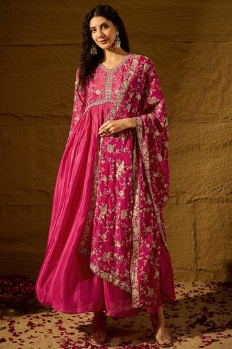 Pink chinon stitched gown with embroidered dupatta full sleeve embroidered