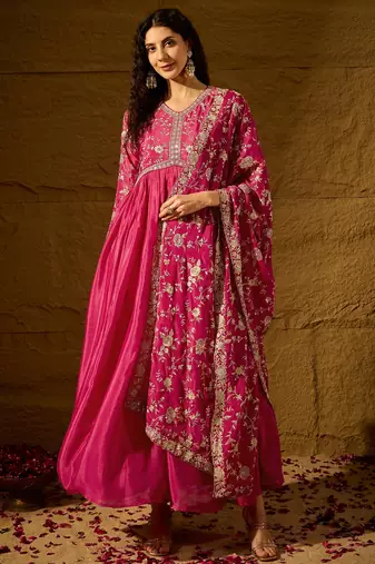 Pink chinon stitched gown with embroidered dupatta full sleeve embroidered