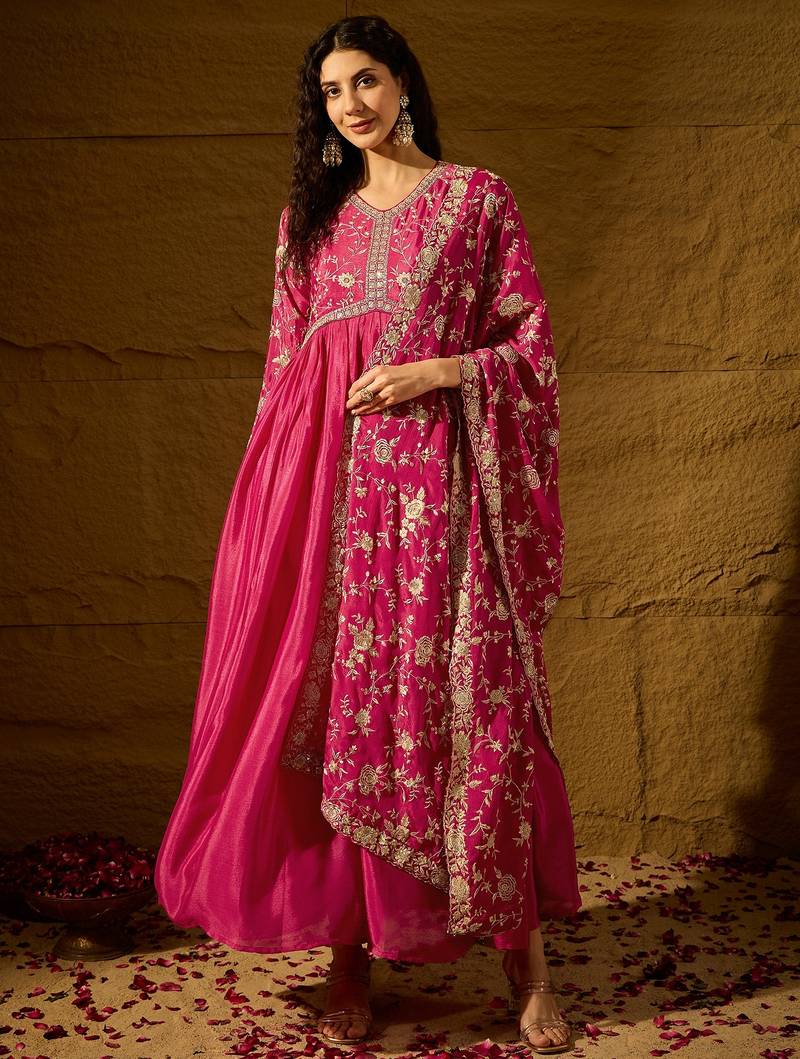 Pink chinon stitched gown with embroidered dupatta full sleeve embroidered