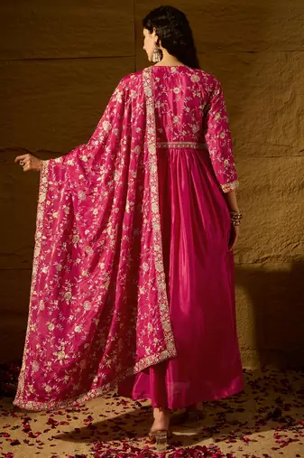 Pink chinon stitched gown with embroidered dupatta full sleeve embroidered