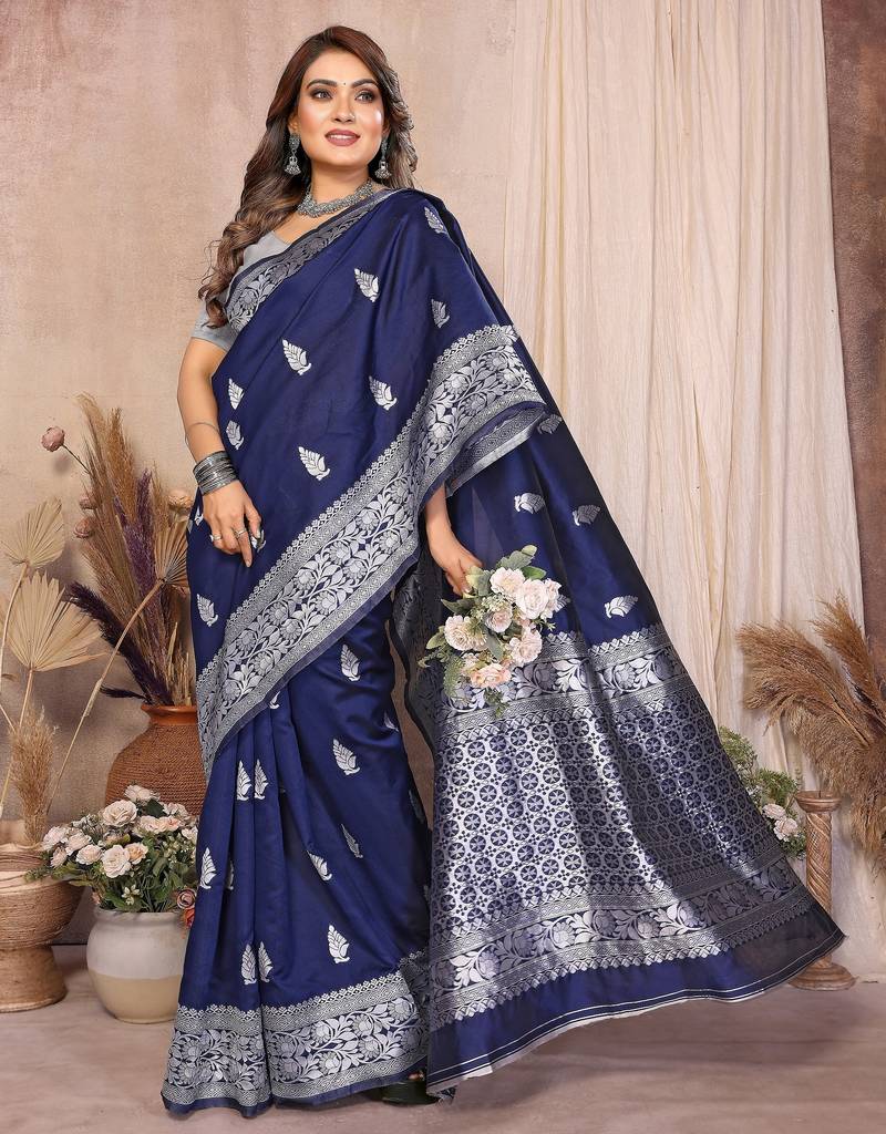 navy blue banarasi silk jacquard saree for women
